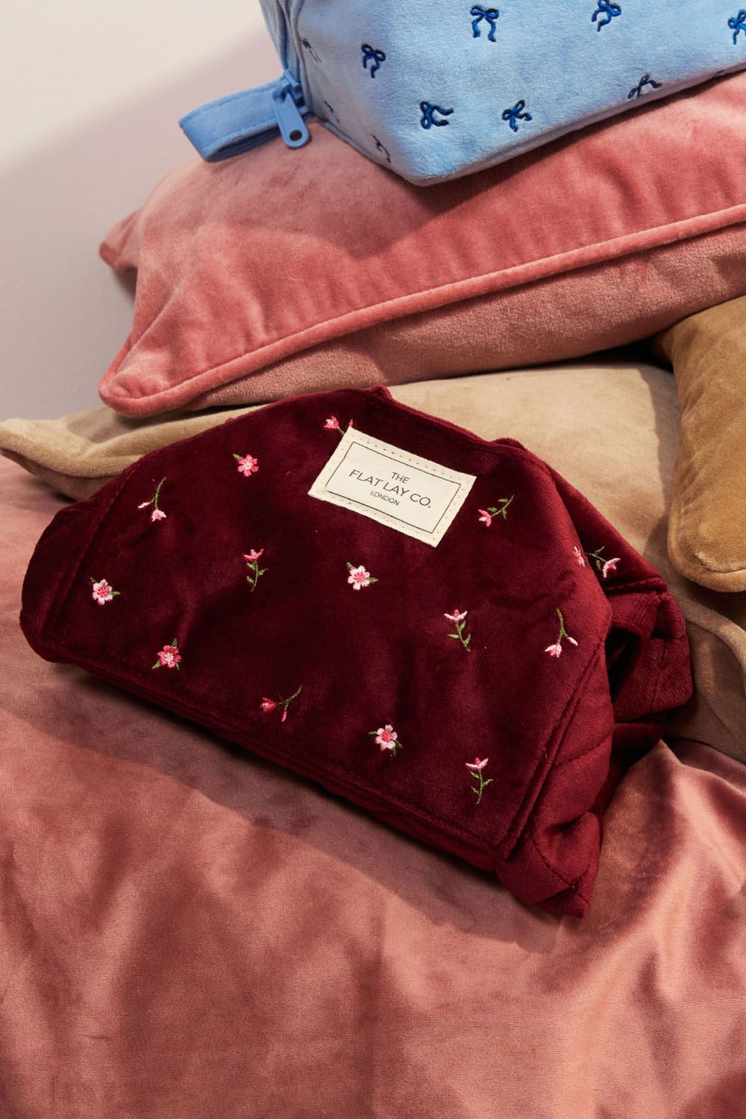 The Flat Lay Co Drawstring Makeup Bag - Ditsy Roses & Flowers Burgundy Embroidered Velvet Multi image 10