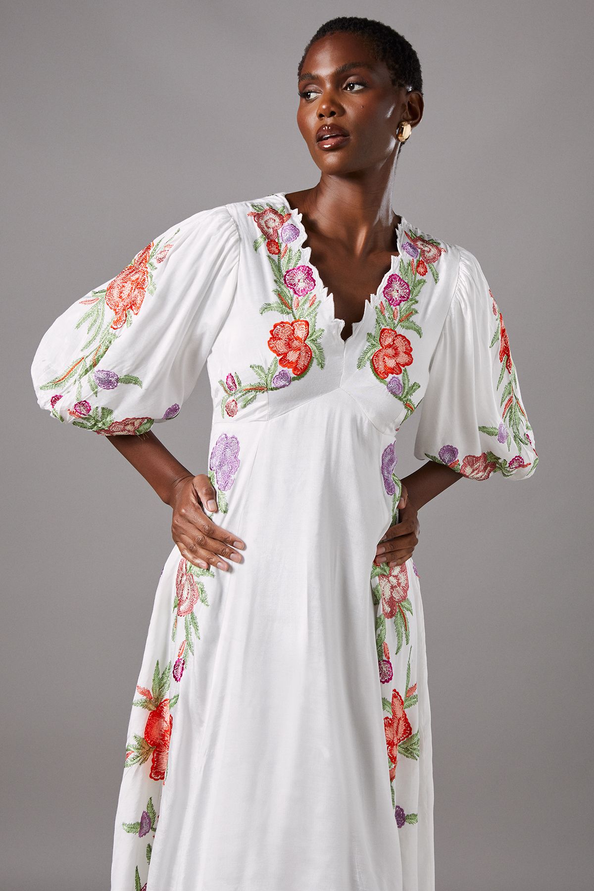 Coast Floral Neckline Embroidered Puff Sleeve Midi Dress White image 2