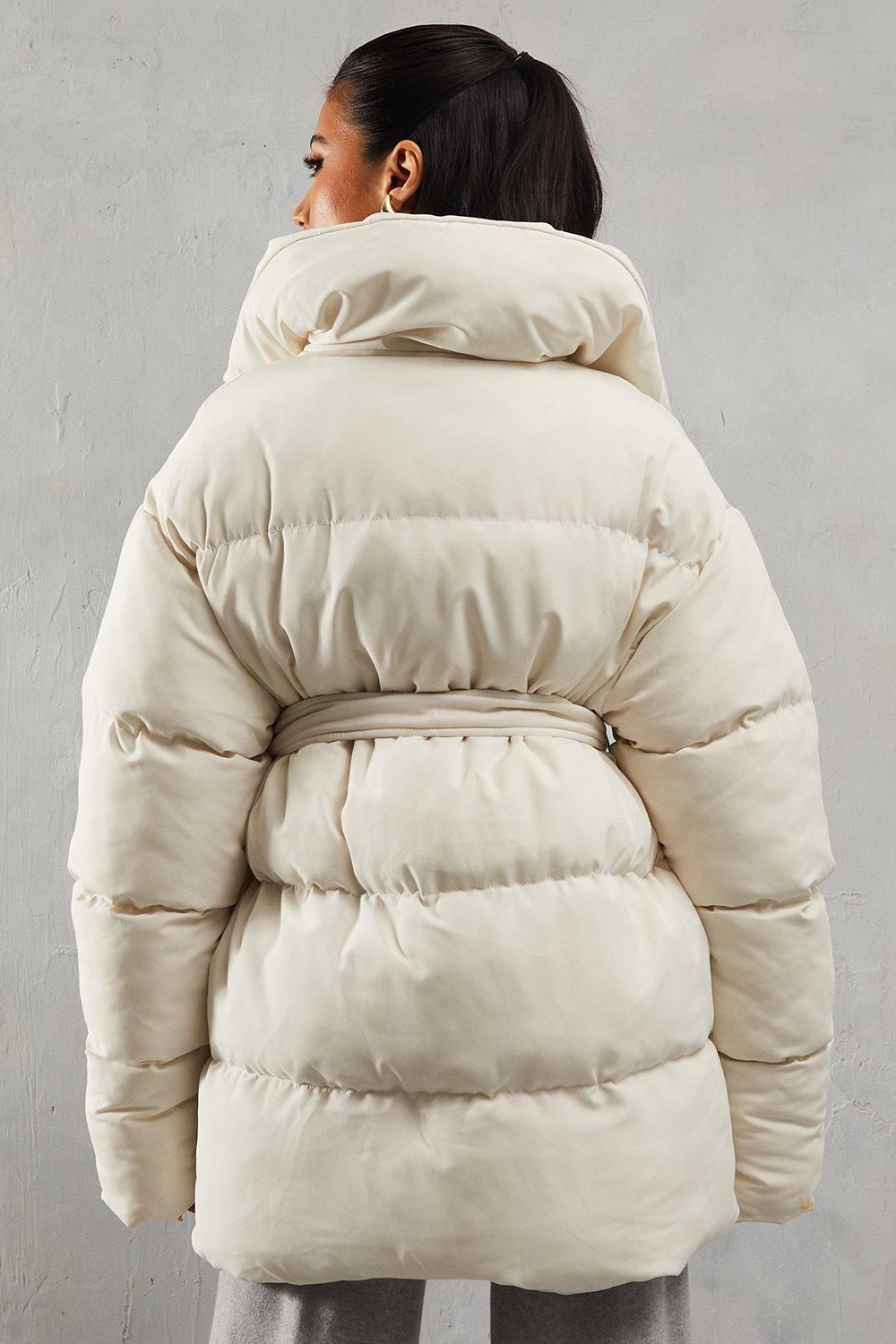MissPap Tie Waist Midi Puffer Coat Cream image 3