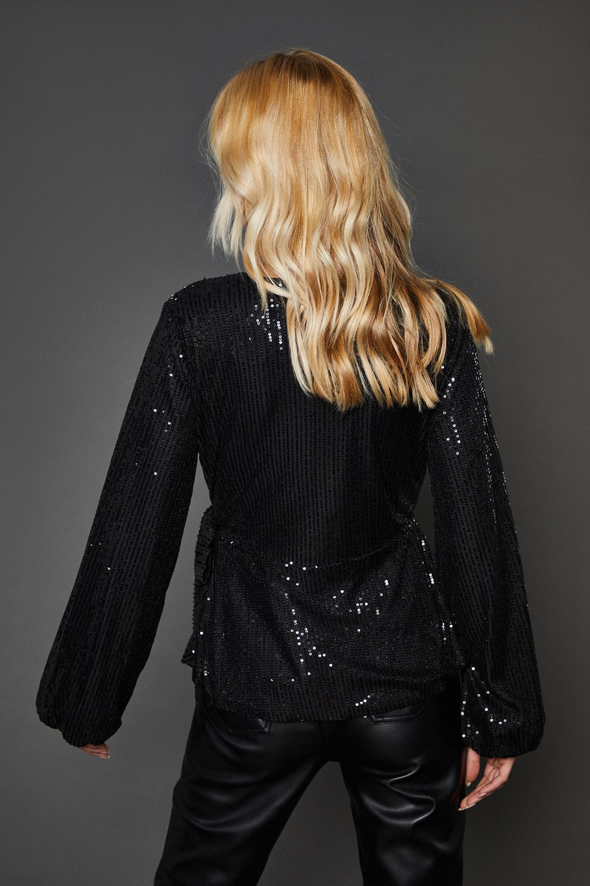 Dorothy Perkins Sequin Tie Waist Wrap Top Black image 3