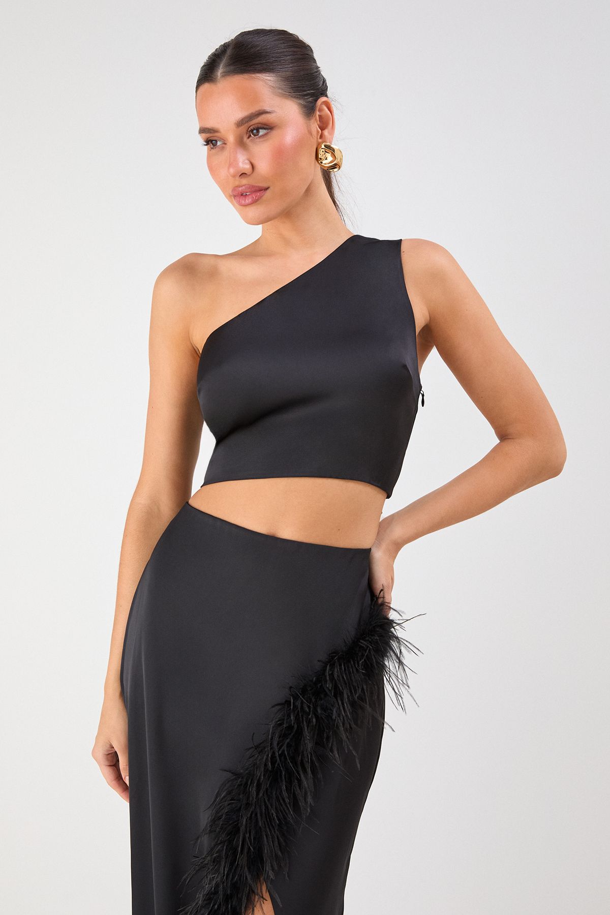 MissPap One Shoulder Top & Faux Feather Skirt Co-ord Black image 2