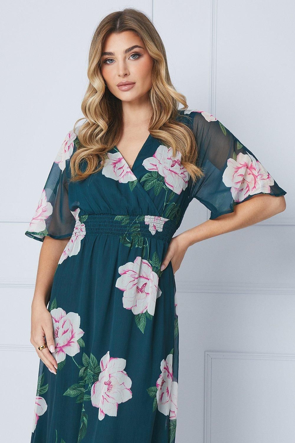 Dorothy Perkins Floral Chiffon Shirred Waist Frill Hem Midi Dress Green image 4