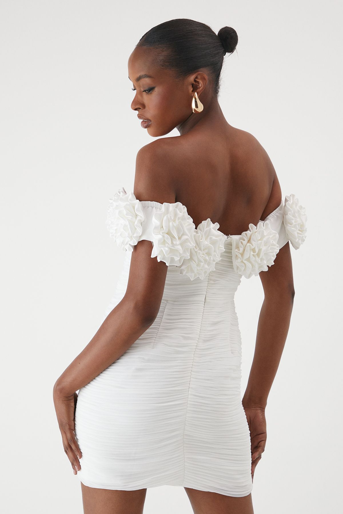 MissPap Premium Ruffle Floral Bardot Mini Dress White image 3