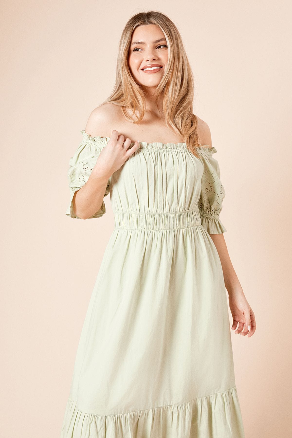 Dorothy Perkins Cut-work Sleeve Poplin Bardot Dress Mint image 4