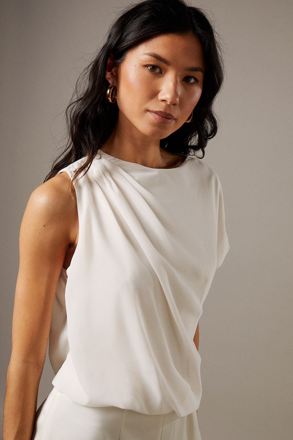 Warehouse Satin Chiffon Mix One Shoulder Drape Jumpsuit Cream image 4