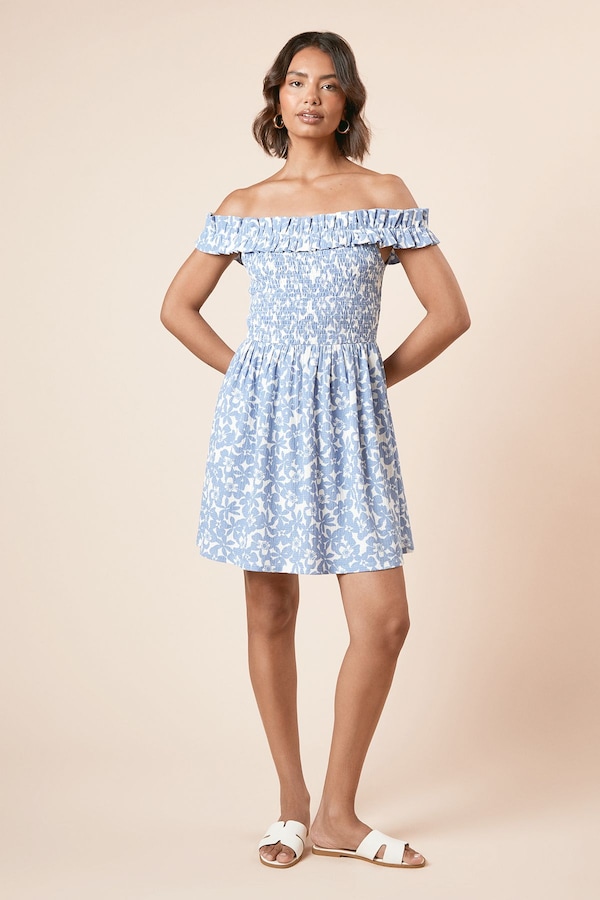 Dorothy Perkins Blue Floral Shirred Bodice Bardot Jersey Mini Dress Floral