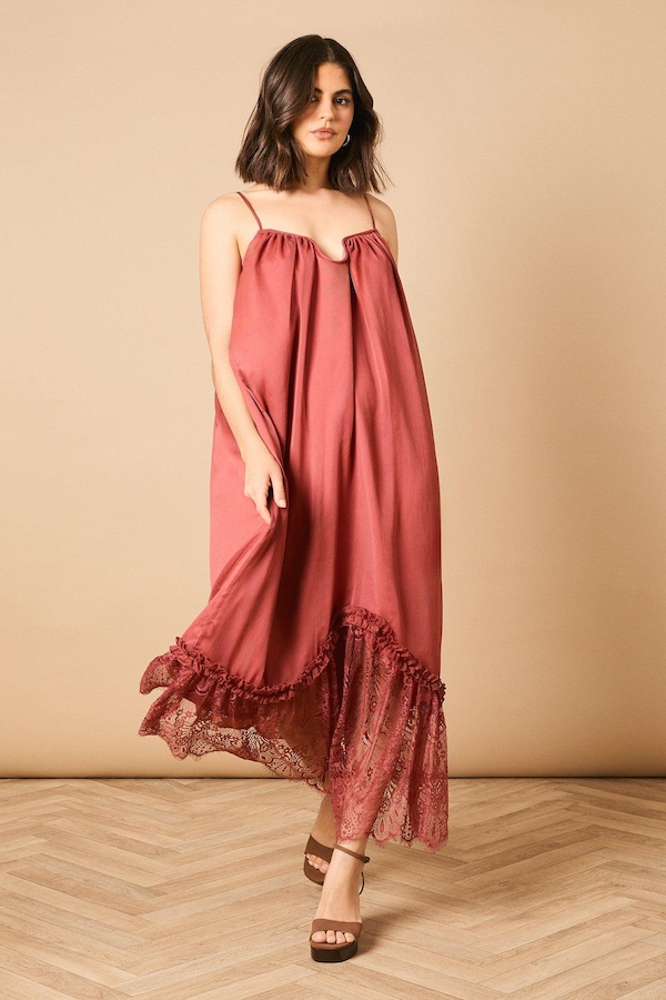 Oasis Babydoll Floaty Lace Detail Maxi Dress Rust