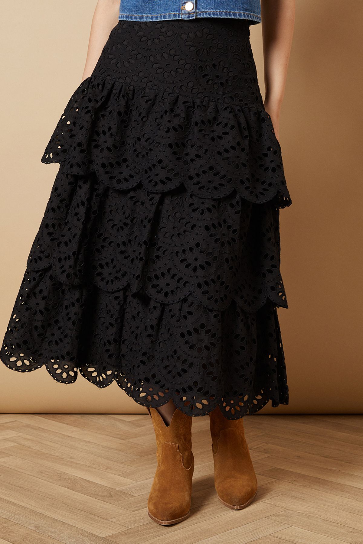 Oasis Broderie Tiered Midi Skirt Black image 2