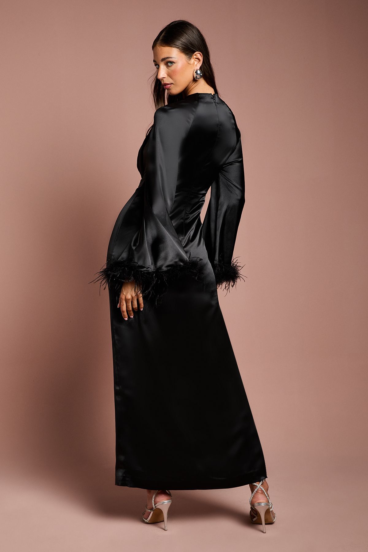Coast Feather Trim Satin Maxi Dress Black image 5