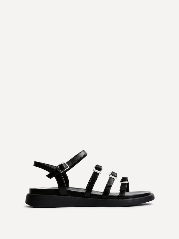 Linzi Twilight Black Faux Leather Triple Buckle Footbed Sandals