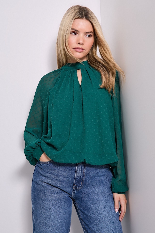 Dorothy Perkins Tie Neck Keyhole Blouson Sleeve Blouse Forest