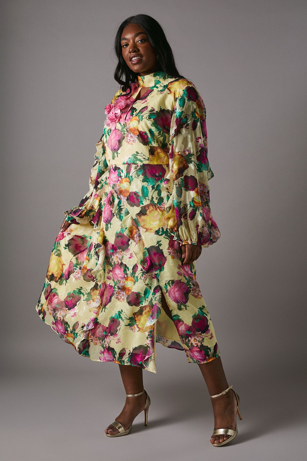 Coast Plus Printed Jacquard Ruffle Dress Yellow image 3