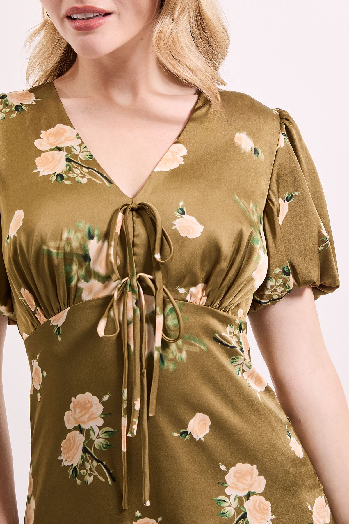 Dorothy Perkins Floral Tie Front Button Up Puff Sleeve Midi Dress Floral image 5