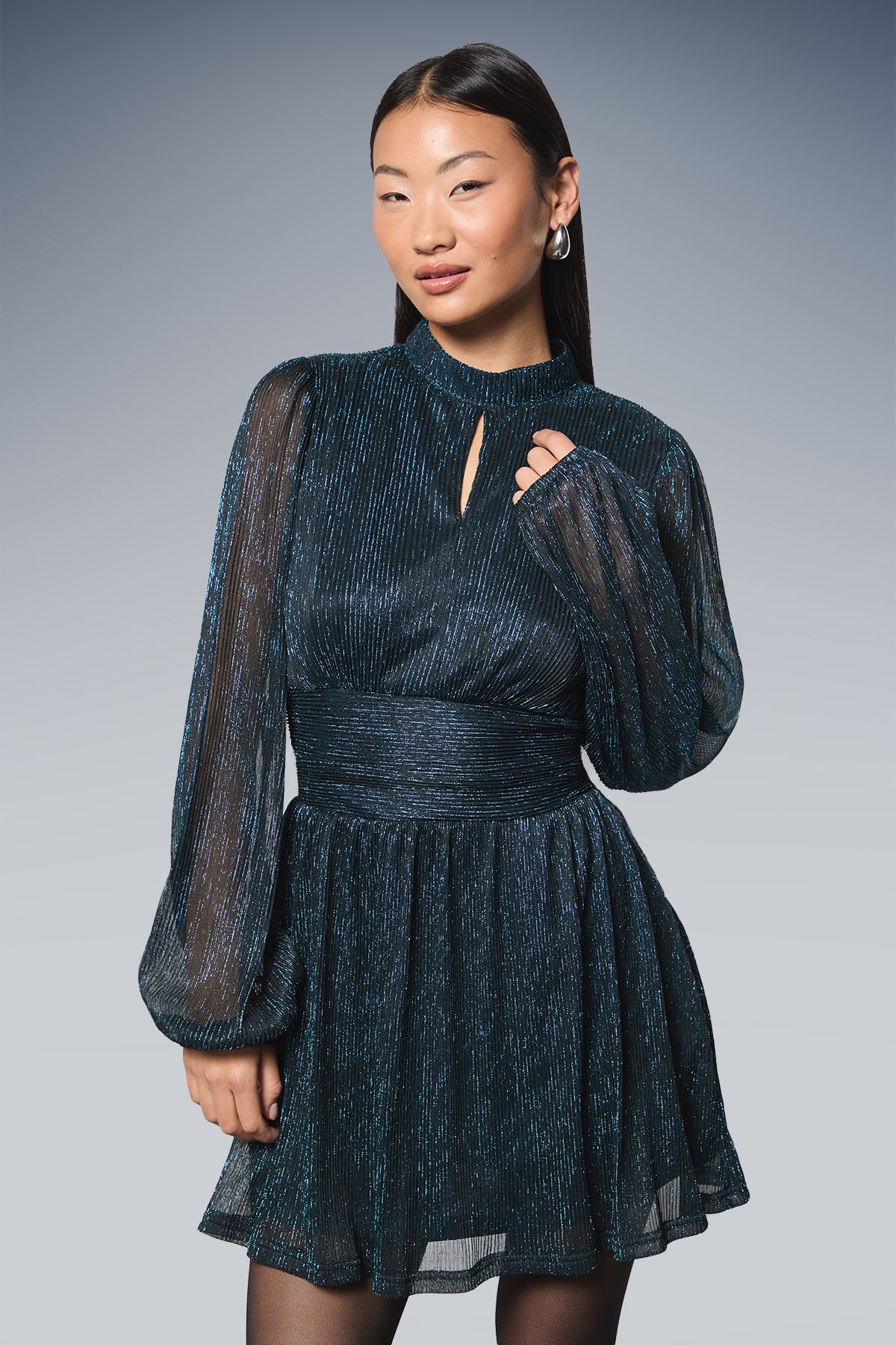 Dorothy Perkins Petite DP Luxe Sparkle Plisse Jersey High Neck Mini Dress Blue image 2