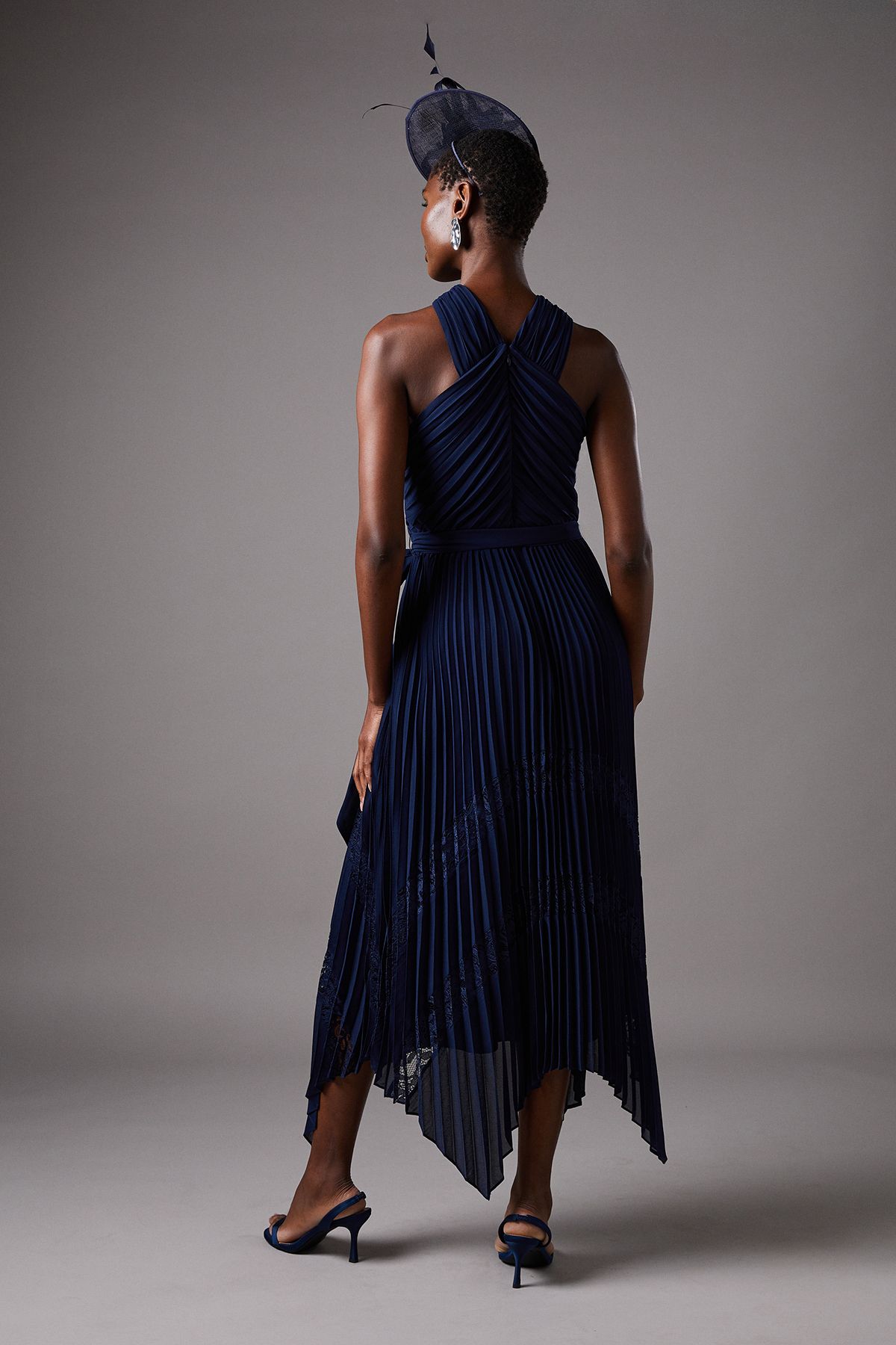 Coast Pleated Halter Neck Lace Insert Midi Dress Navy image 3