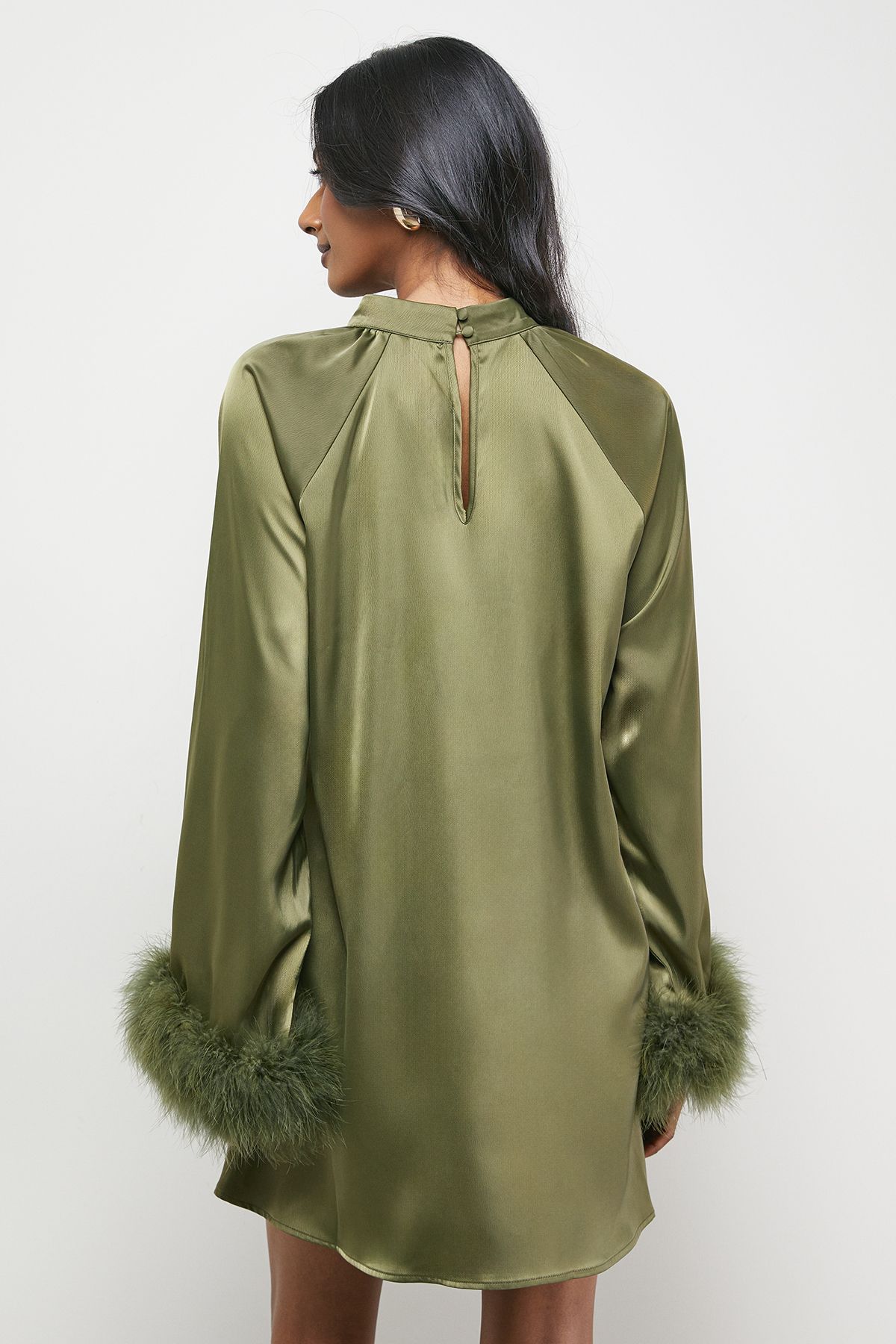 Warehouse Premium Satin Feather High Neck Swing Mini Dress Olive image 3