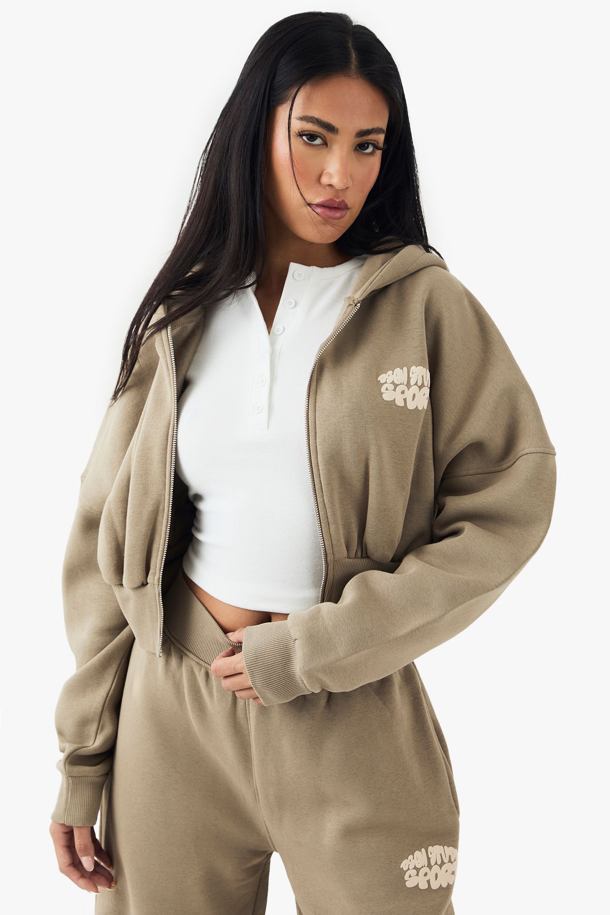 DSGN Studio DSGN Studio Sport Bubble Zip Through Boxy Crop Hoodie Washed Khaki image 5
