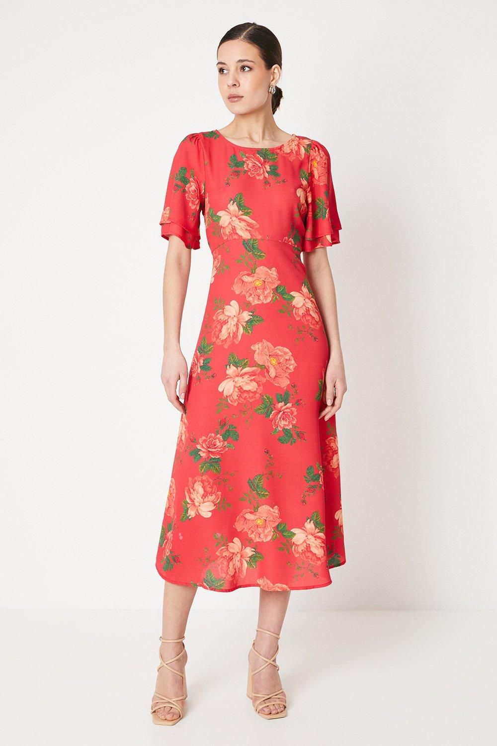 Dorothy Perkins Floral Tie Back Flutter Sleeve Midi Dress Pink