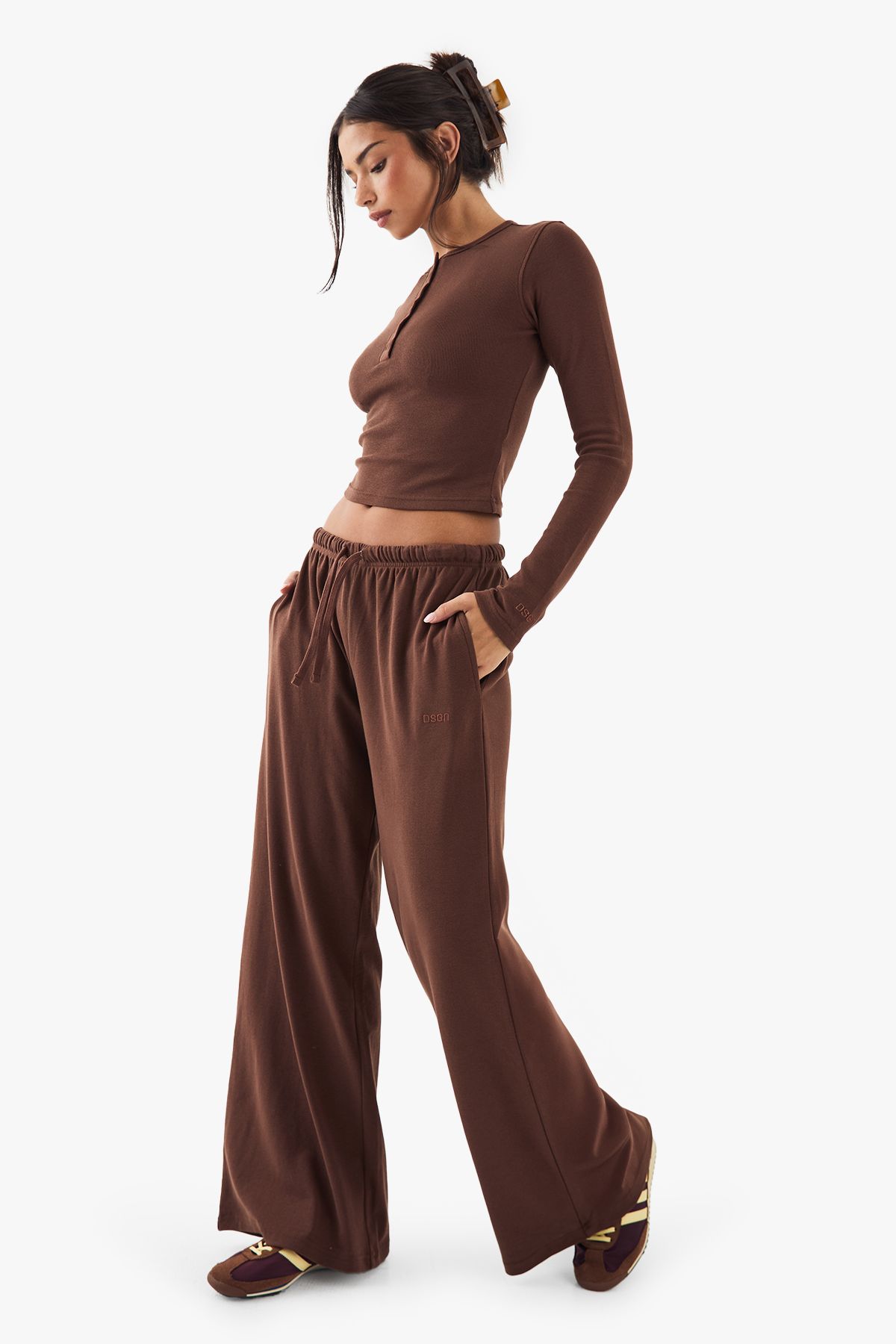 DSGN Studio DSGN Studio Embroidered Rib Wide Leg Trouser Chocolate