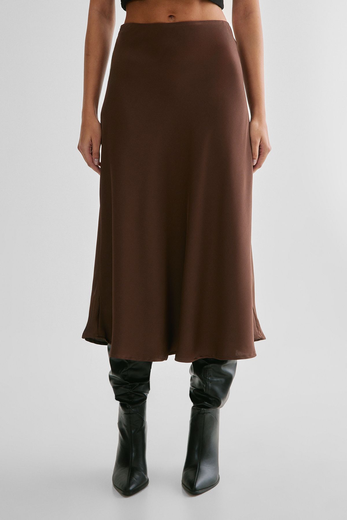 NastyGal Satin Midi Skirt Chocolate image 2