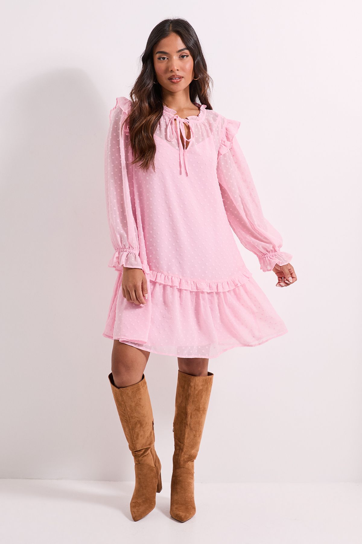 Dorothy Perkins Petite Tiered Hem Tie Neck Shift Dress Blush image 1