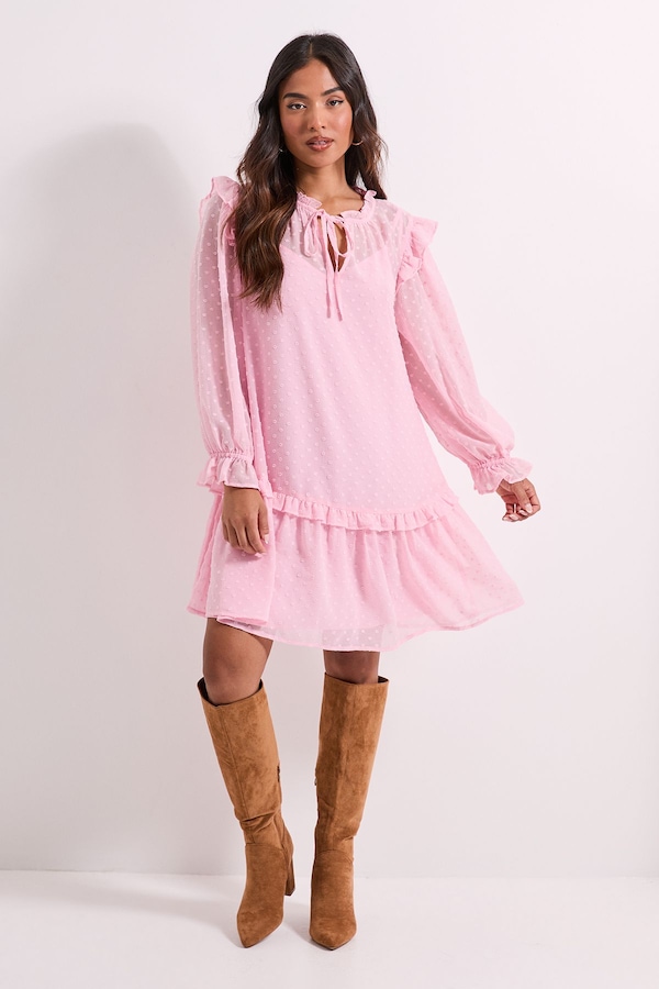 Dorothy Perkins Petite Tiered Hem Tie Neck Shift Dress Blush