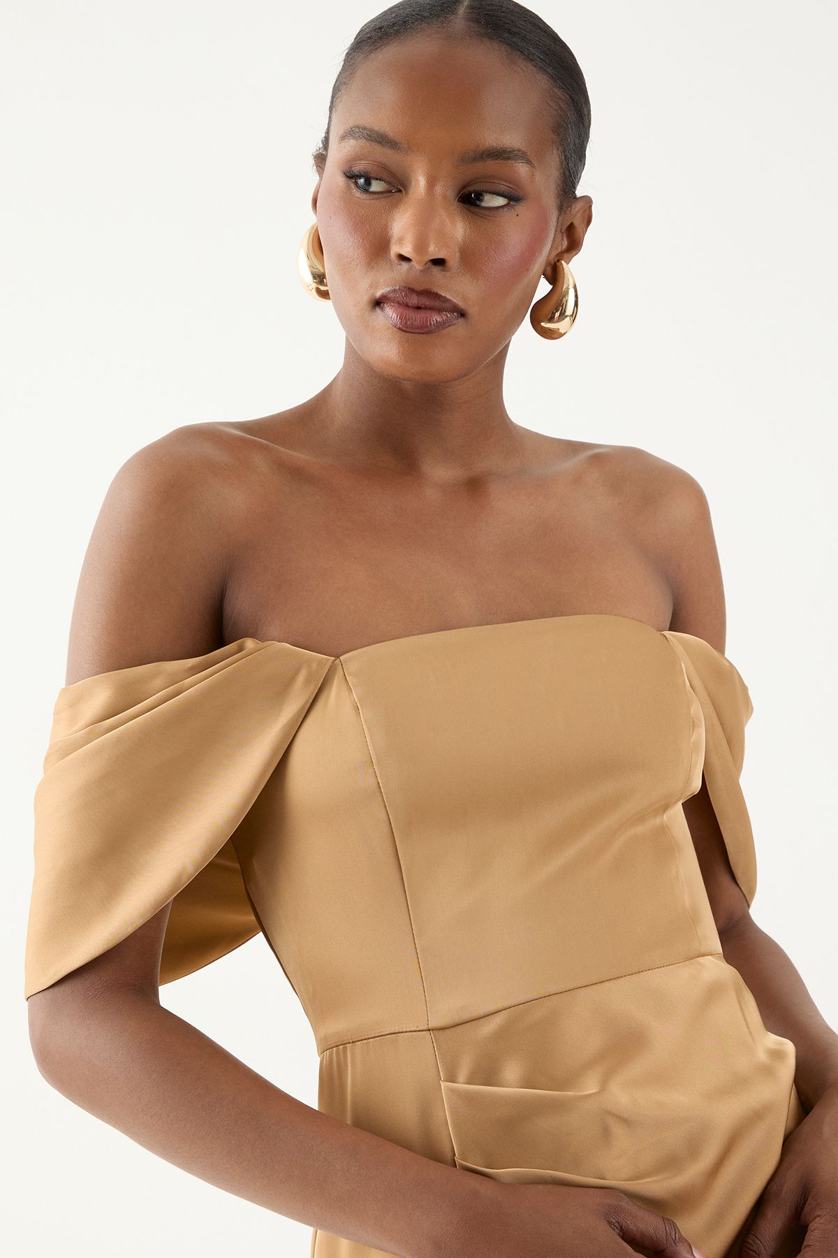 MissPap Bardot Ruched Satin Bridesmaid Dress Bronze image 5