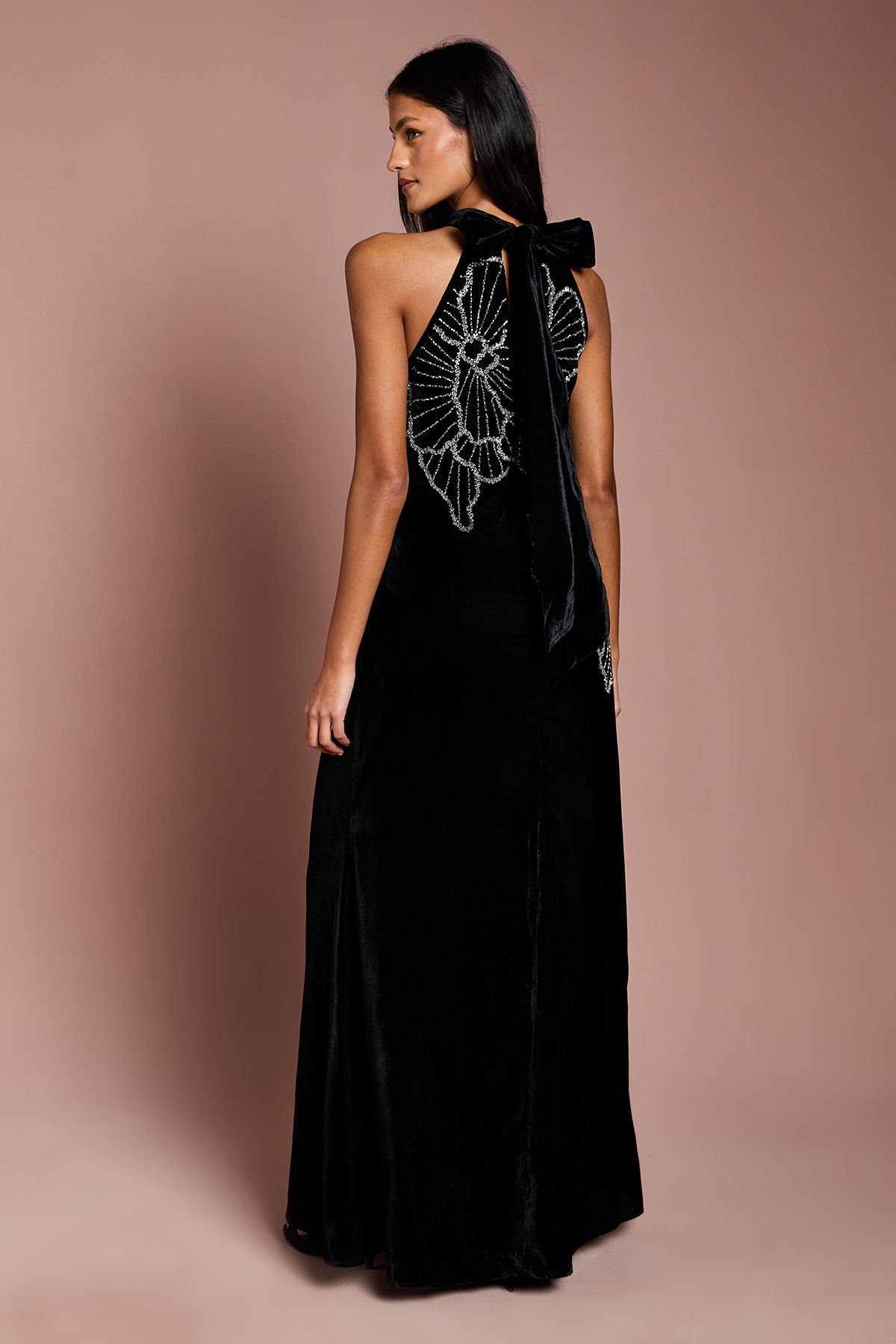 Coast Petite Halter Neck Velvet Maxi Dress With Embellishment Flower Black image 3
