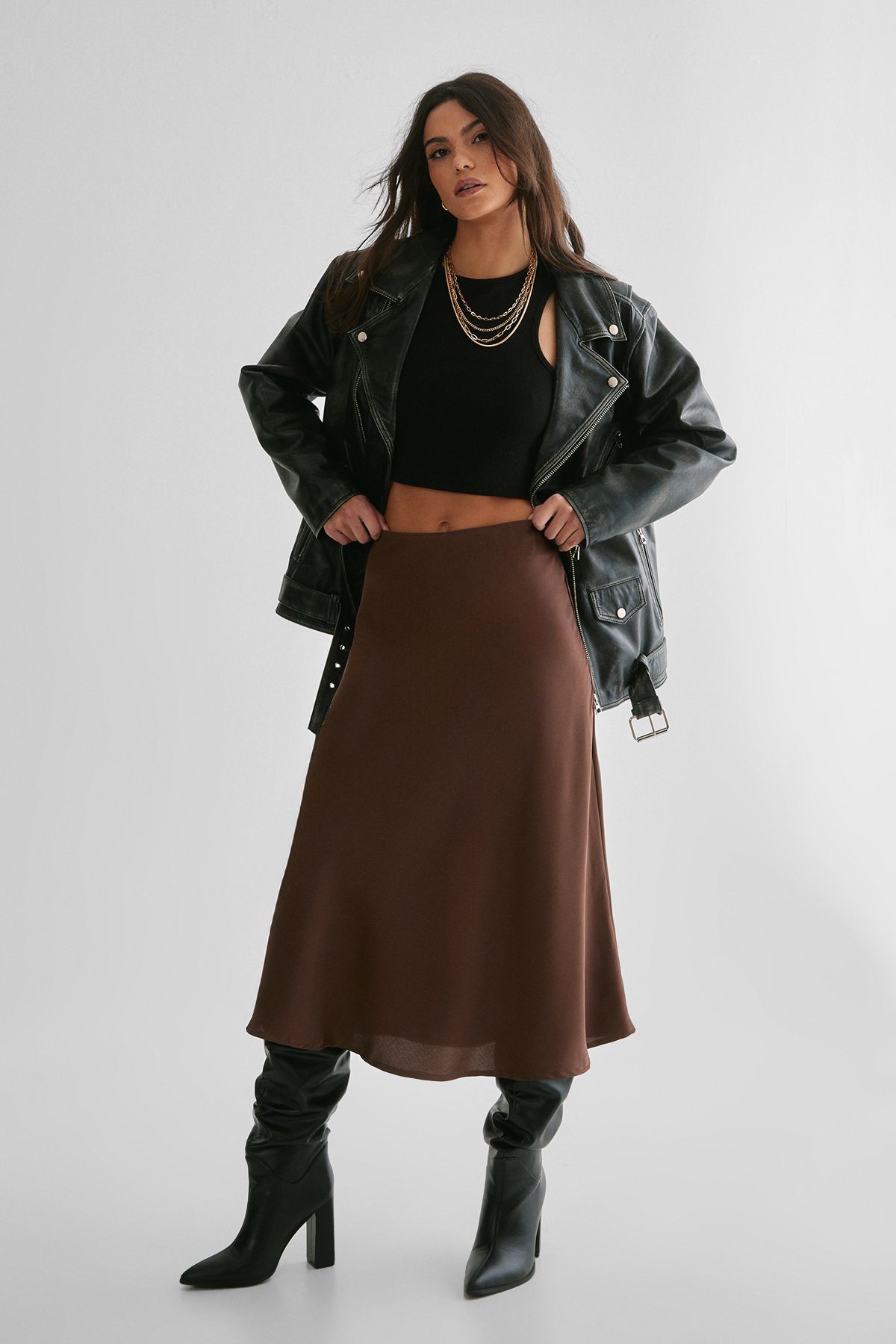 NastyGal Satin Midi Skirt Chocolate image 1