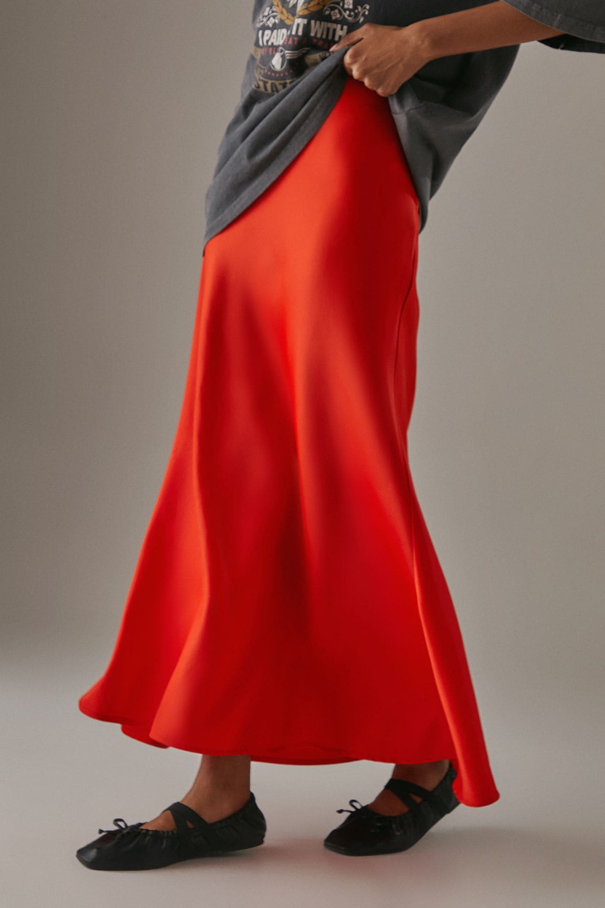 Warehouse Orange Satin Bias Midi Skirt PLT