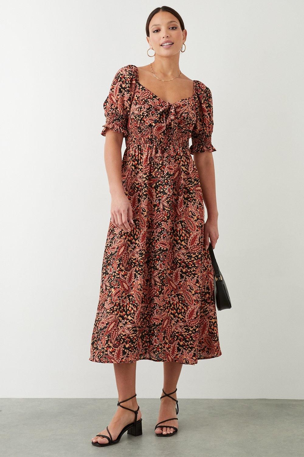 Dorothy Perkins Paisley Tie Front Shirred Midi Dress Multi