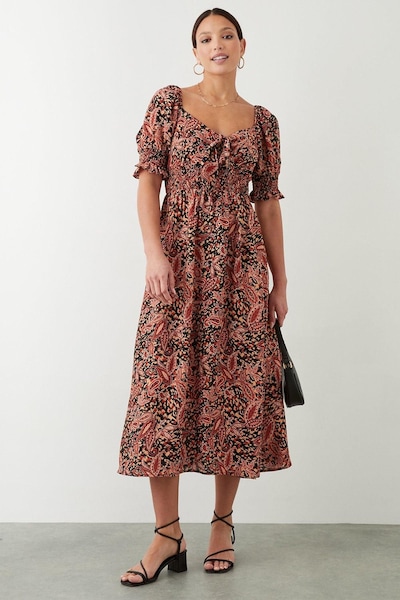 Dorothy Perkins Paisley Tie Front Shirred Midi Dress Multi