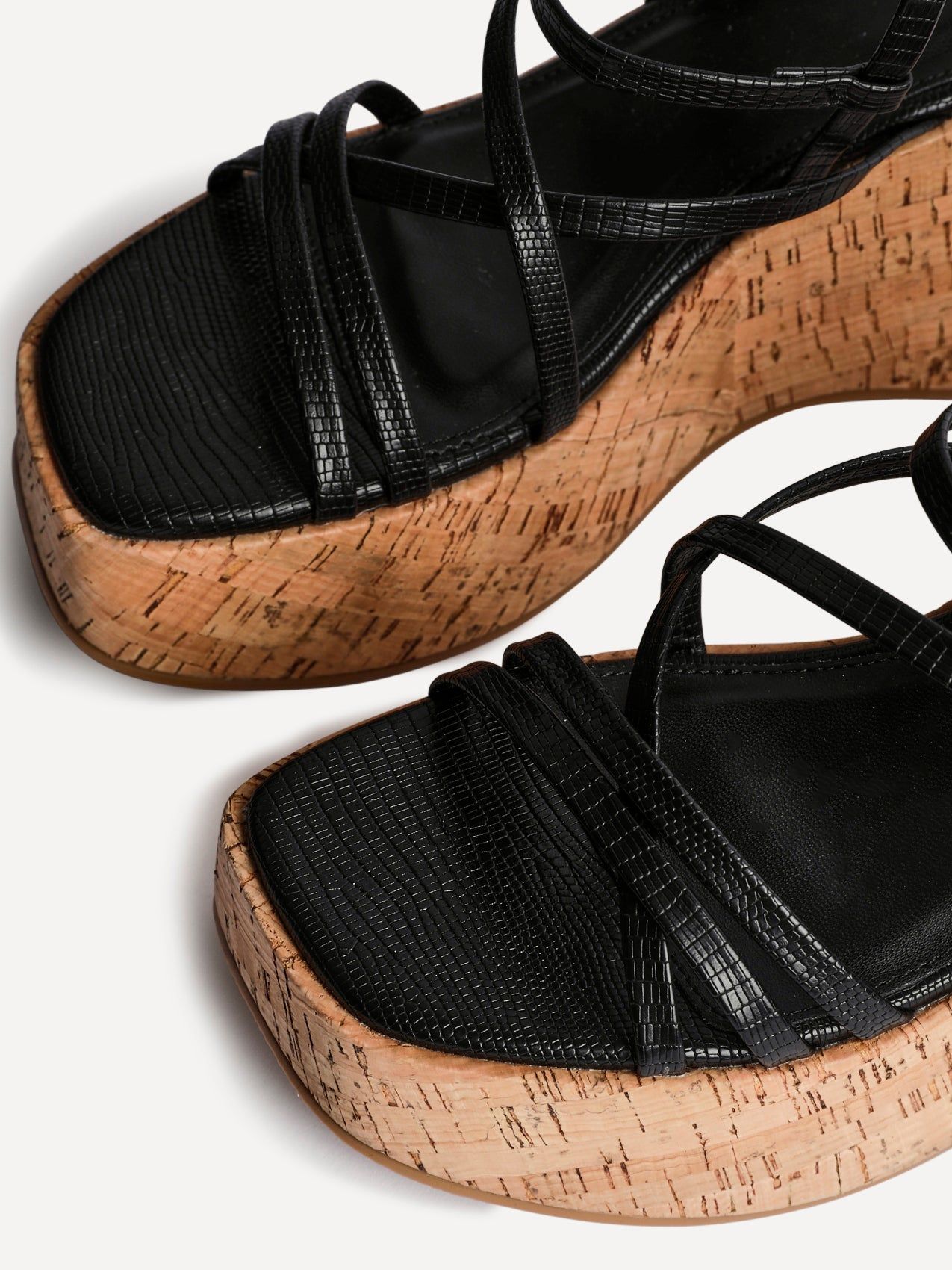 Linzi Orbit Black Faux Lizard Strappy Cork Flatform Sandal image 5