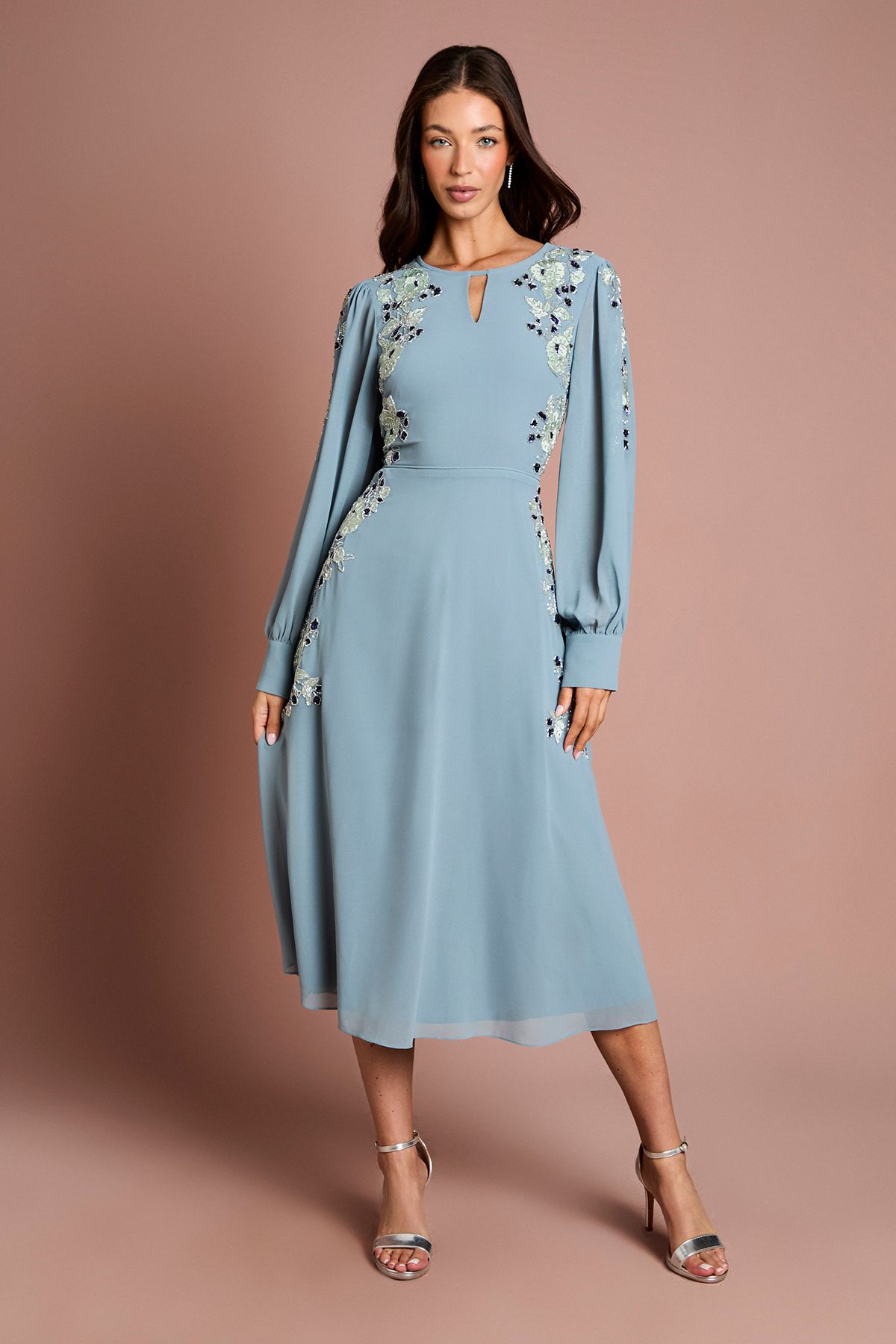 Coast Embroidered and Embellished Long Sleeve Midi Dress Dusty Blue