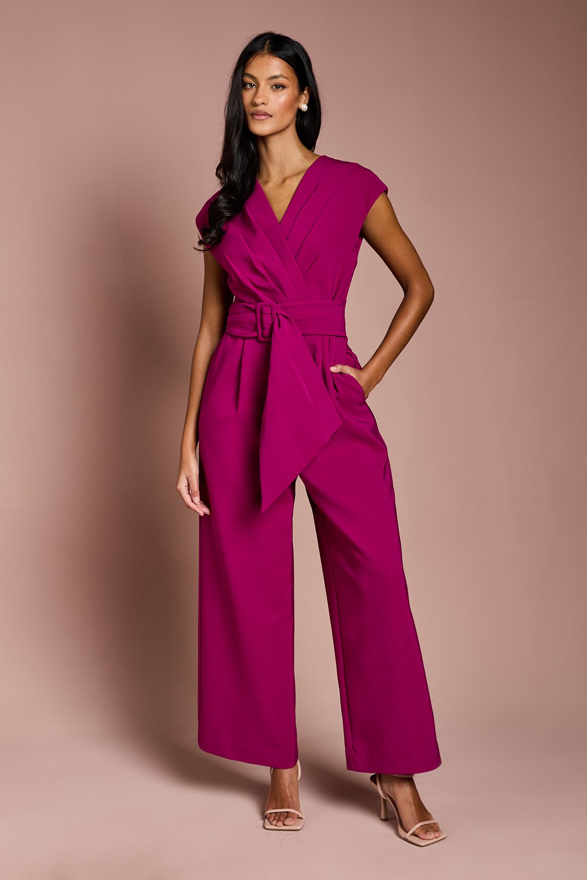 Coast Petite Belted Crepe Jumpsuit Berry