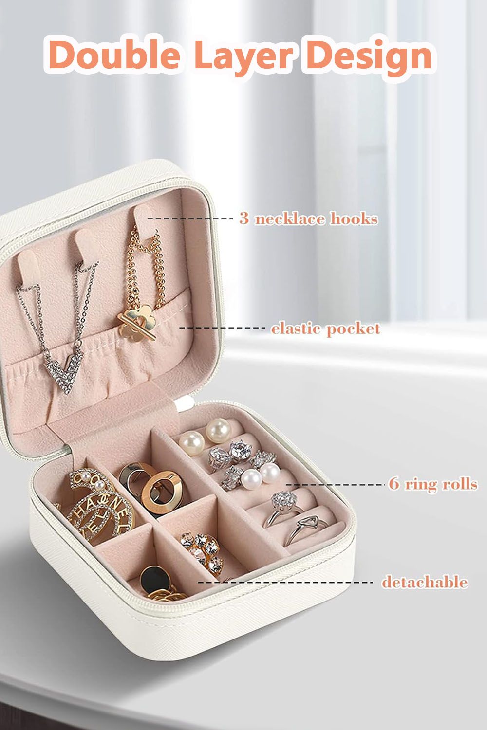 Living and Home Mini Portable PU Leather Jewelry Box Organizer Travel Jewellery Display Holder for Women image 3