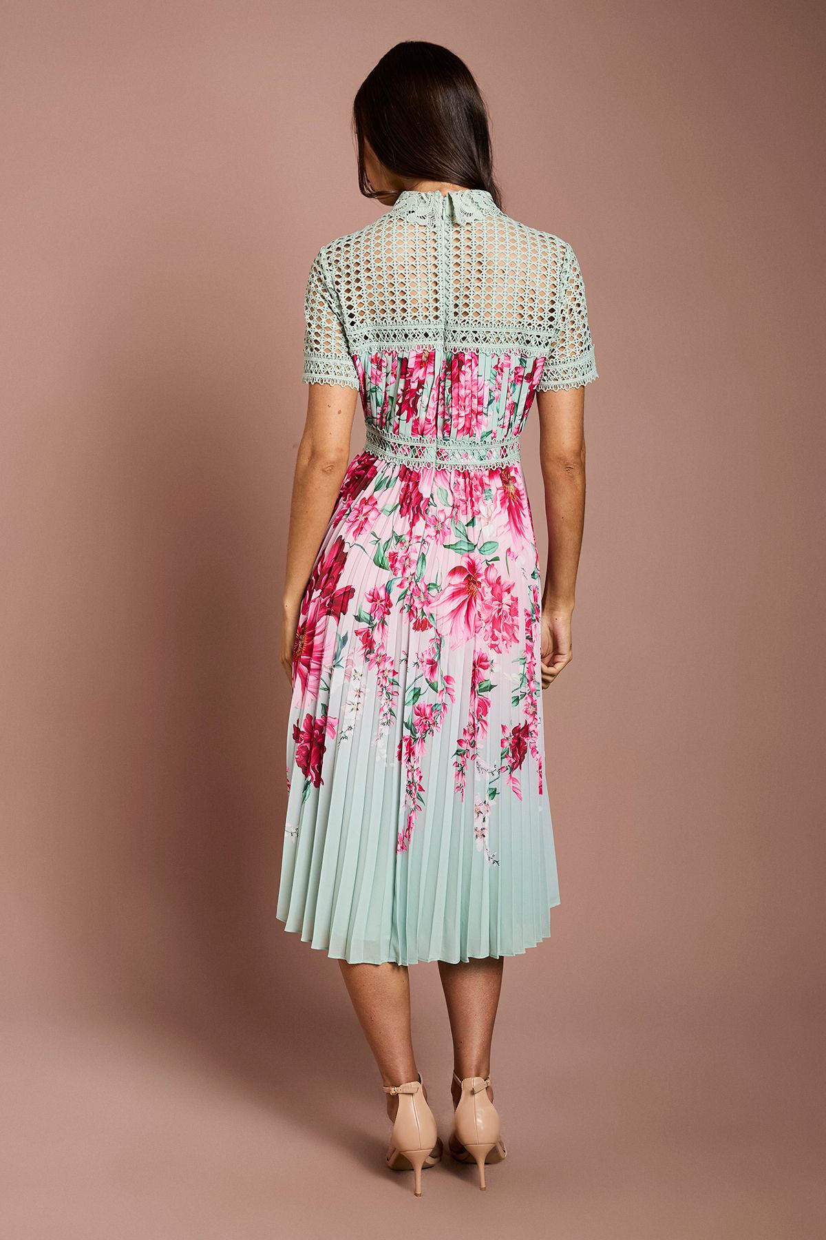 Coast Lisa Tan Lace Pleated Printed Midi Dress Sage image 3