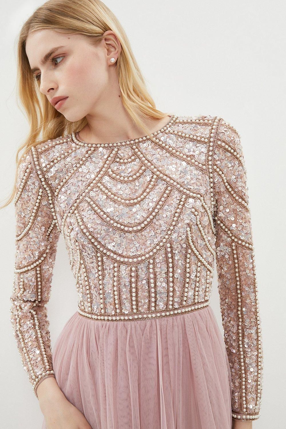 Coast Coast Honoured Long Sleeve Sequin Bodice Tulle Skirt Maxi Bridesmaid Dress Blush image 2