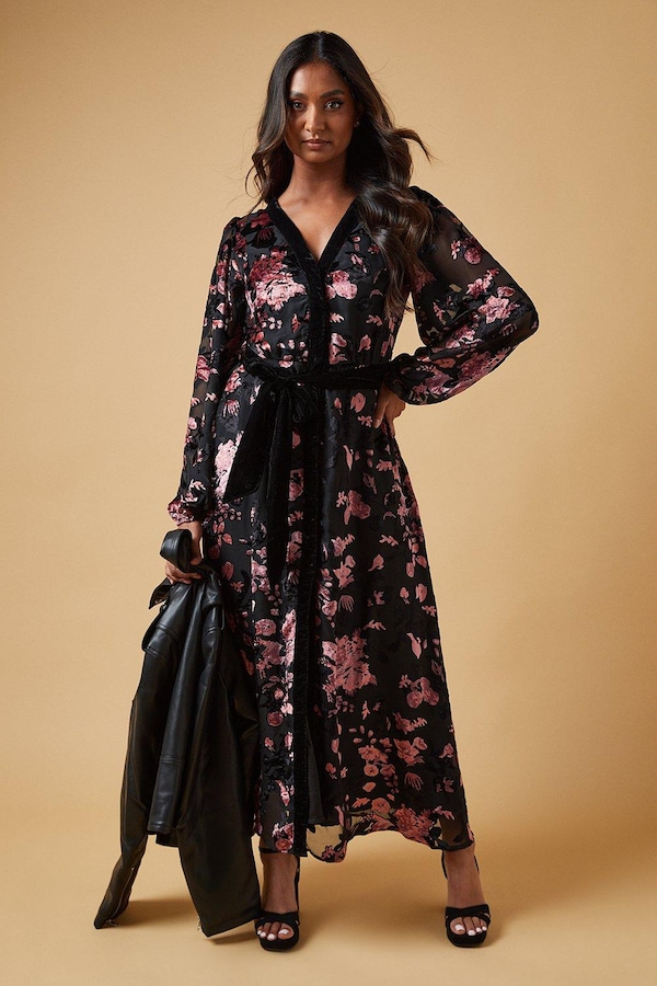 Oasis Floral Contrast Velvet Belt Tie Midi Dress True Black