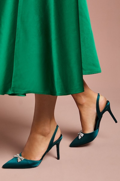 Coast Wide Fit Scarlett Satin Diamante Bow Brooch Slingback High Stiletto Heel Court Shoes Emerald