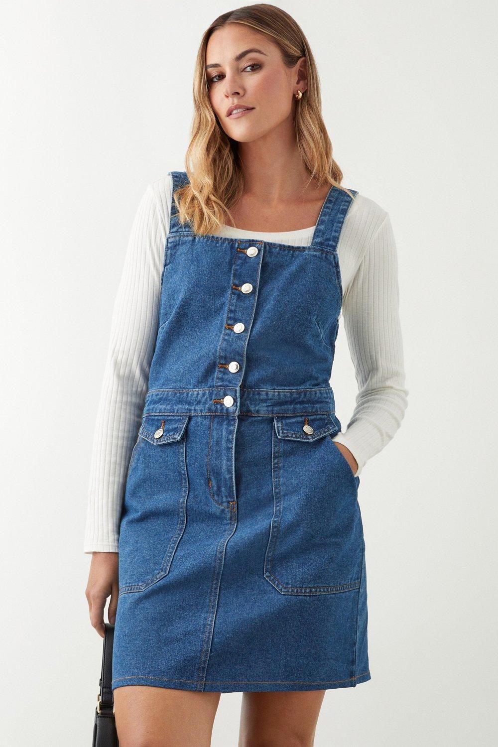 Dorothy Perkins Button Front Pinny Dress Mid Wash