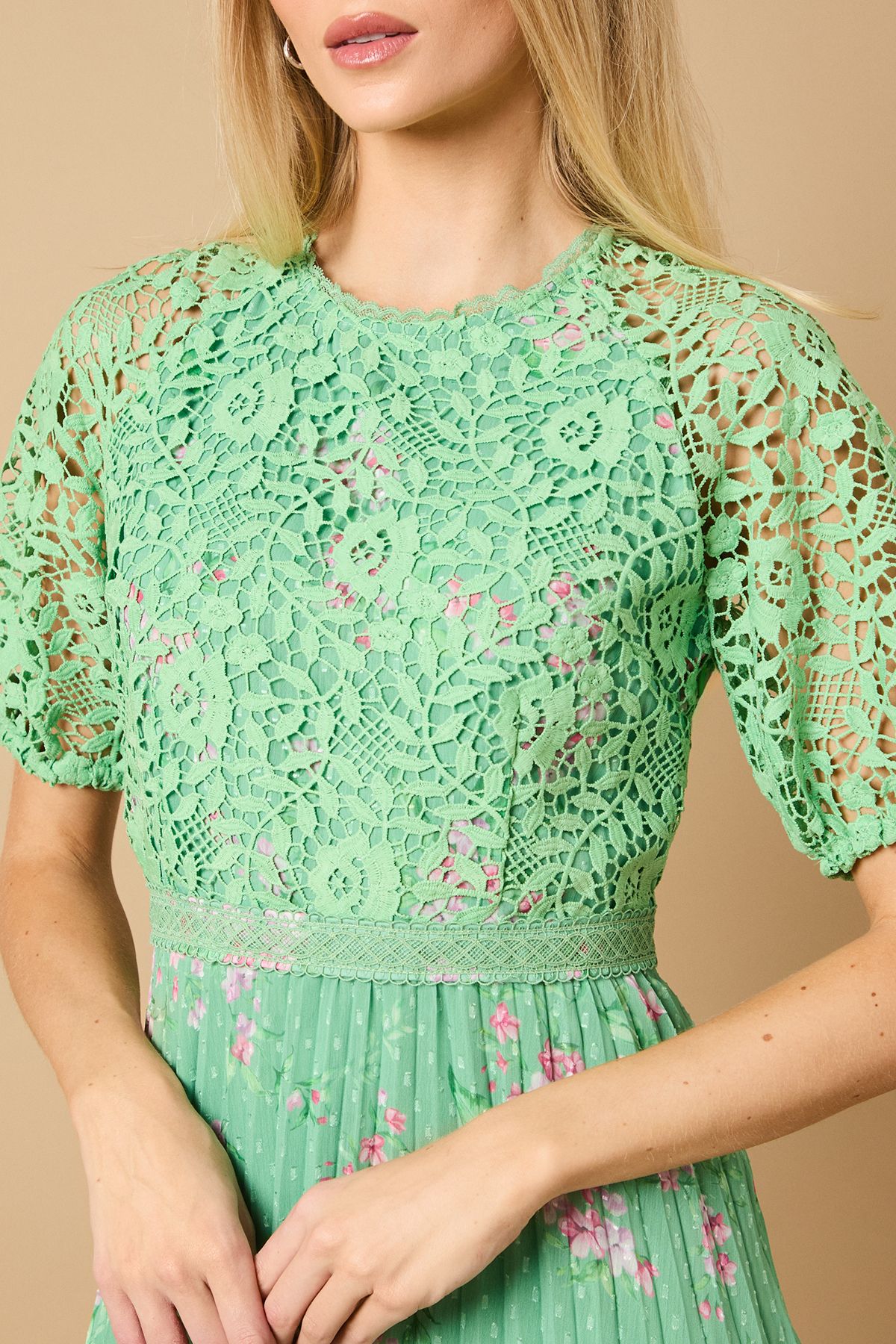 Oasis Occasion Floral Lace Bodice Pleated Midi Dress Sage image 5