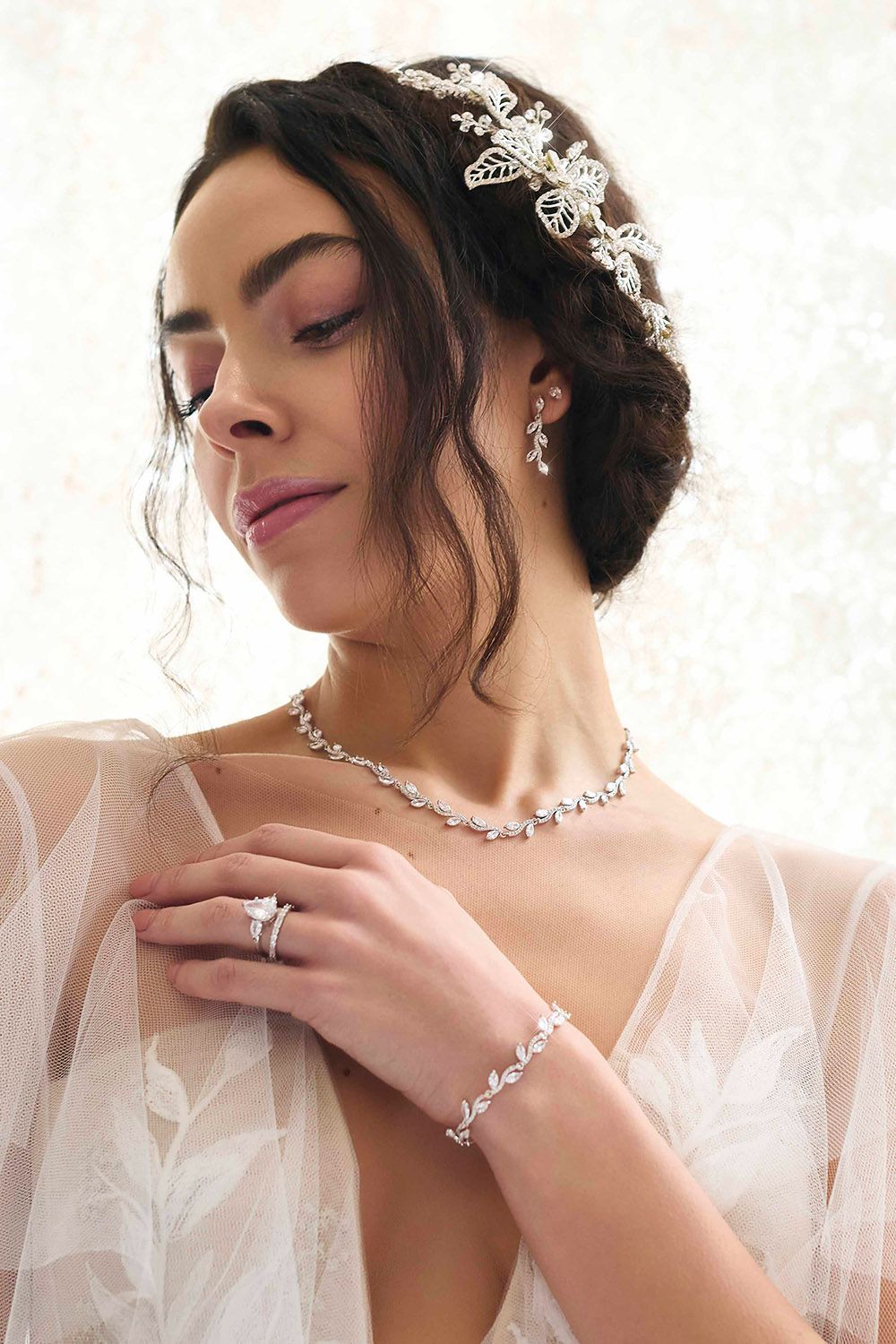 Jon Richard Rhodium Cubic Zirconia Leaf Bridal Bracelet image 2