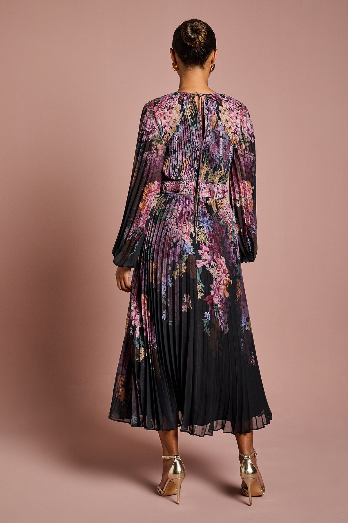 Coast Petite Placement Print Long Sleeve Chiffon Pleated Wrap Dress Black image 3