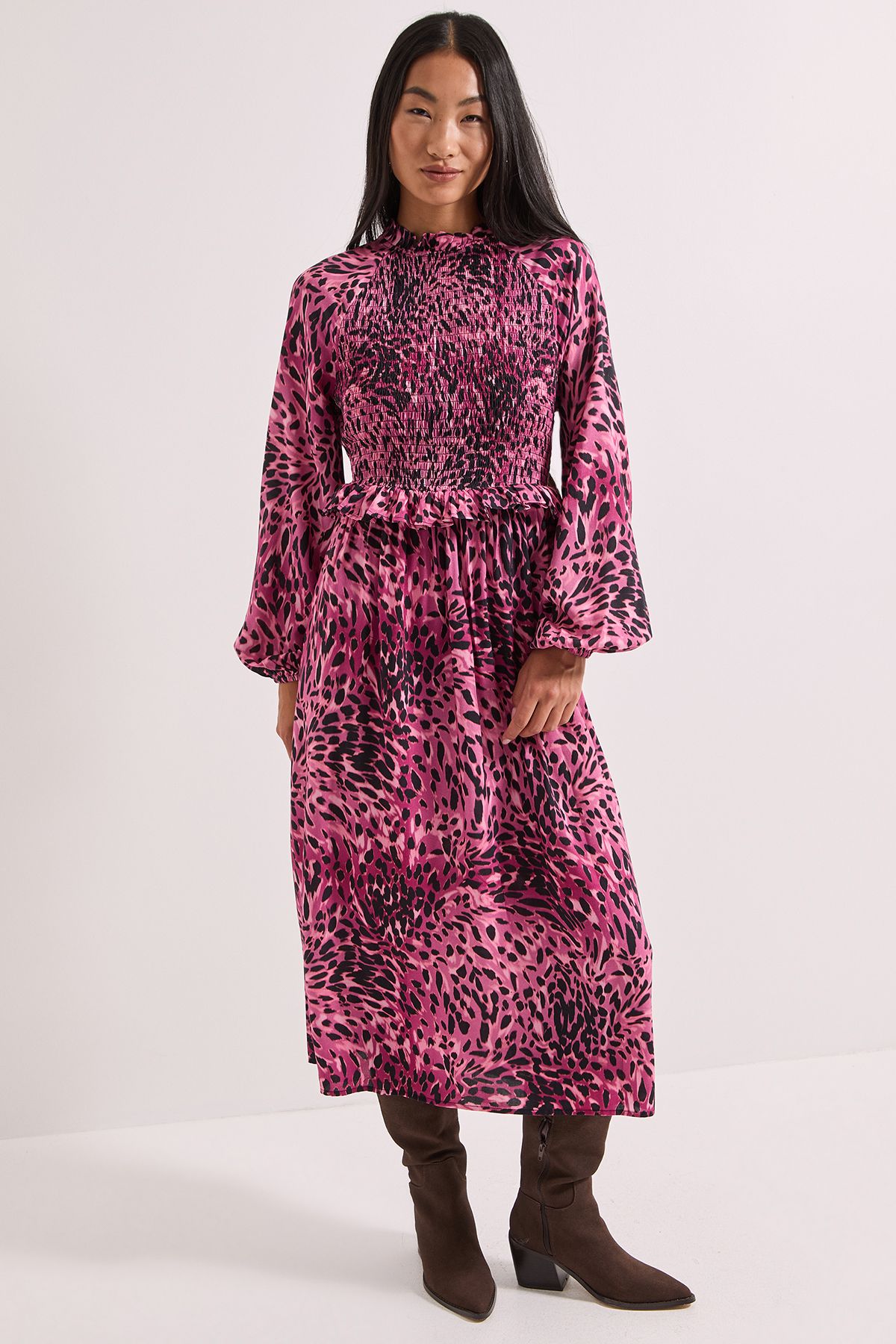 Dorothy Perkins Animal Print Petite Shirred Bodice Frill Detail Midi Dress Animal image 2