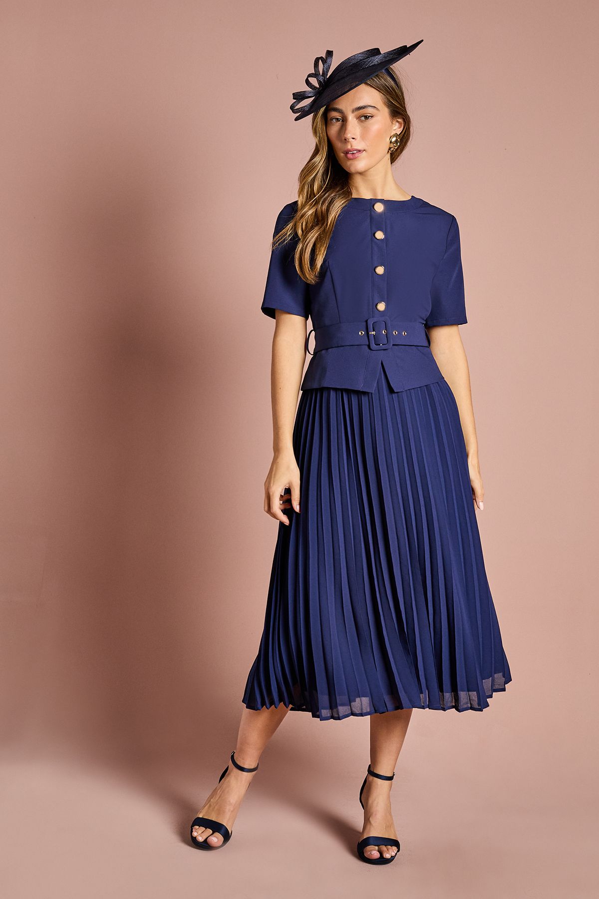 Coast Short Sleeve Button Down Pleated Skirt Midi Dress Navy image 2