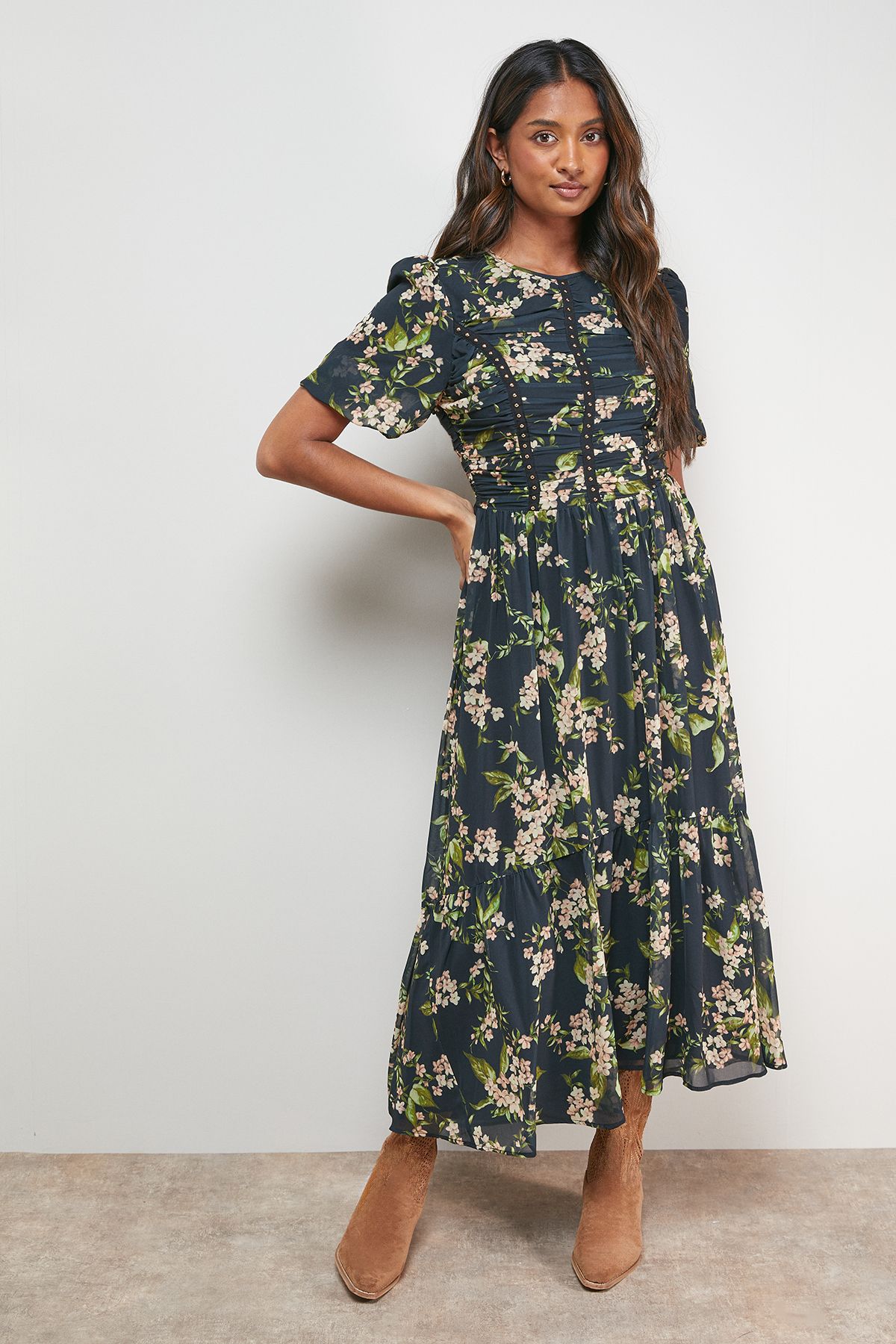 Oasis Printed Ruched Bodice Trim Detail High Low Hem Midi Dress Floral image 1