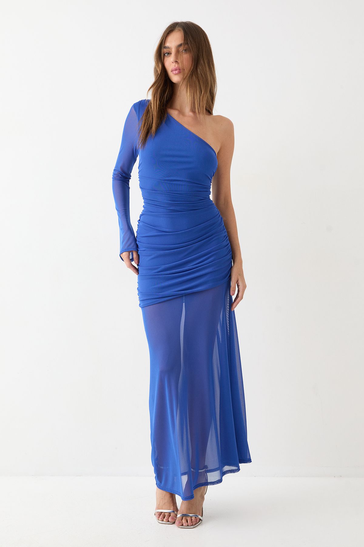 MissPap Mesh Ruched One Shoulder Maxi Dress Cobalt image 1