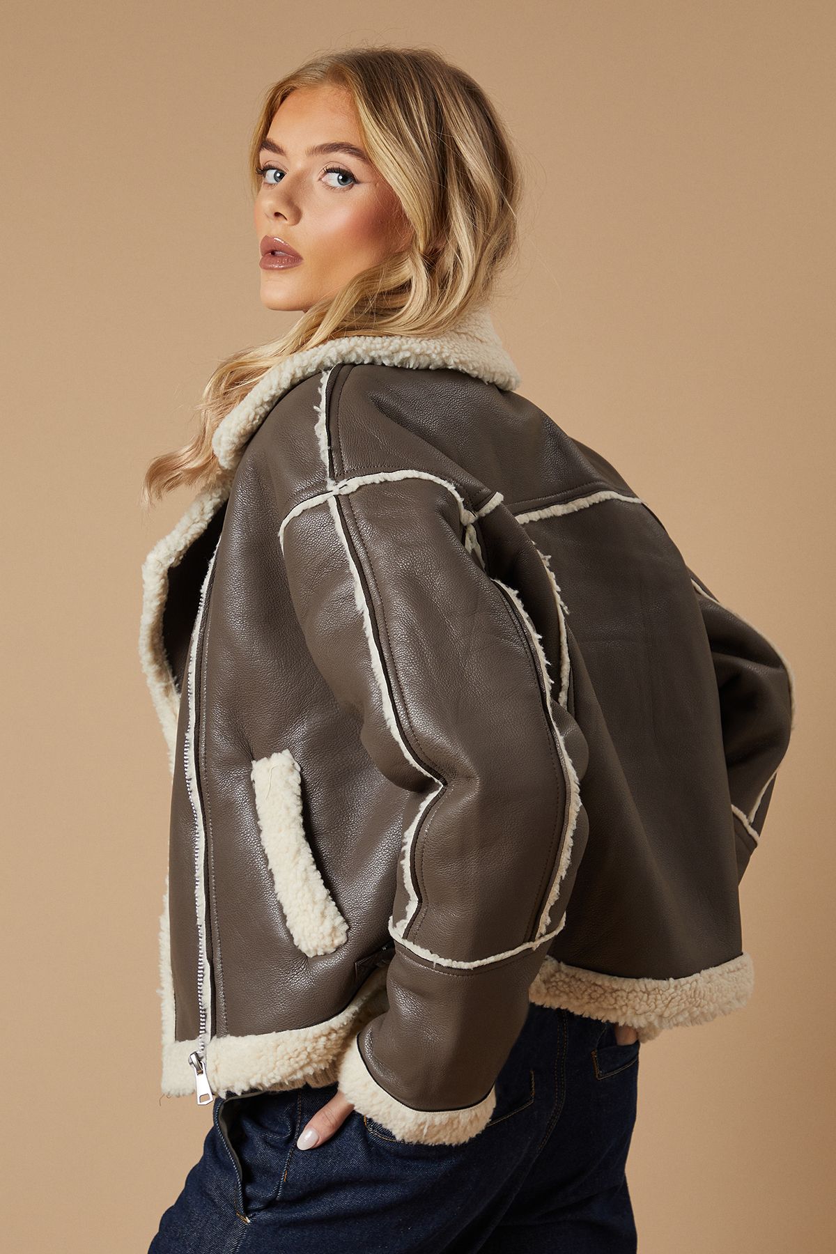 Oasis PU Borg Detail Collared Zip Jacket Chocolate image 3