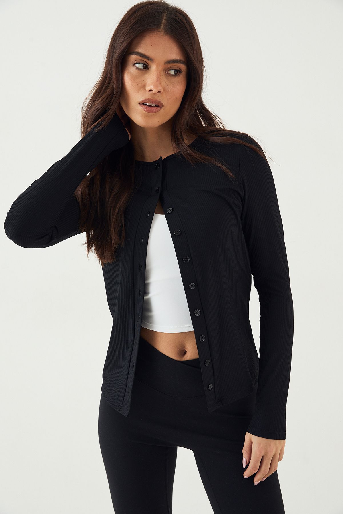 DSGN Studio DSGN Studio Ultra Sculpt Rib Button Through Long Sleeve Top Black image 1